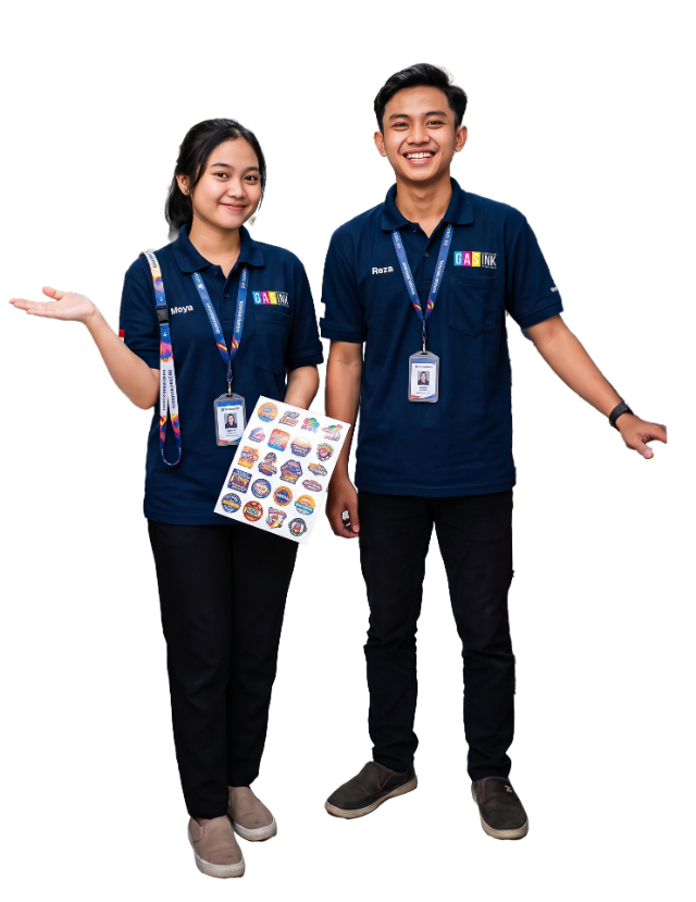 Ilustrasi tim Gasink Printing berseragam memegang lembar hasil cetak stiker